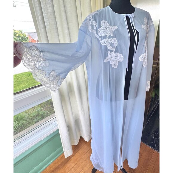 Vintage 60s peignoir, negligee, panty set, cornflower blue, white lace, 3 pieces - Picture 1 of 10